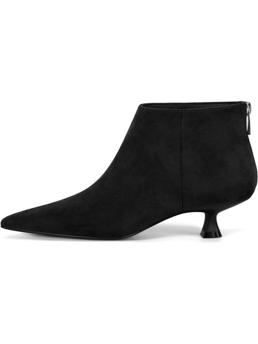 Women's Black Faux Suede Pointed Toe Back Zipper Kitten Low Heel Ankle Booties